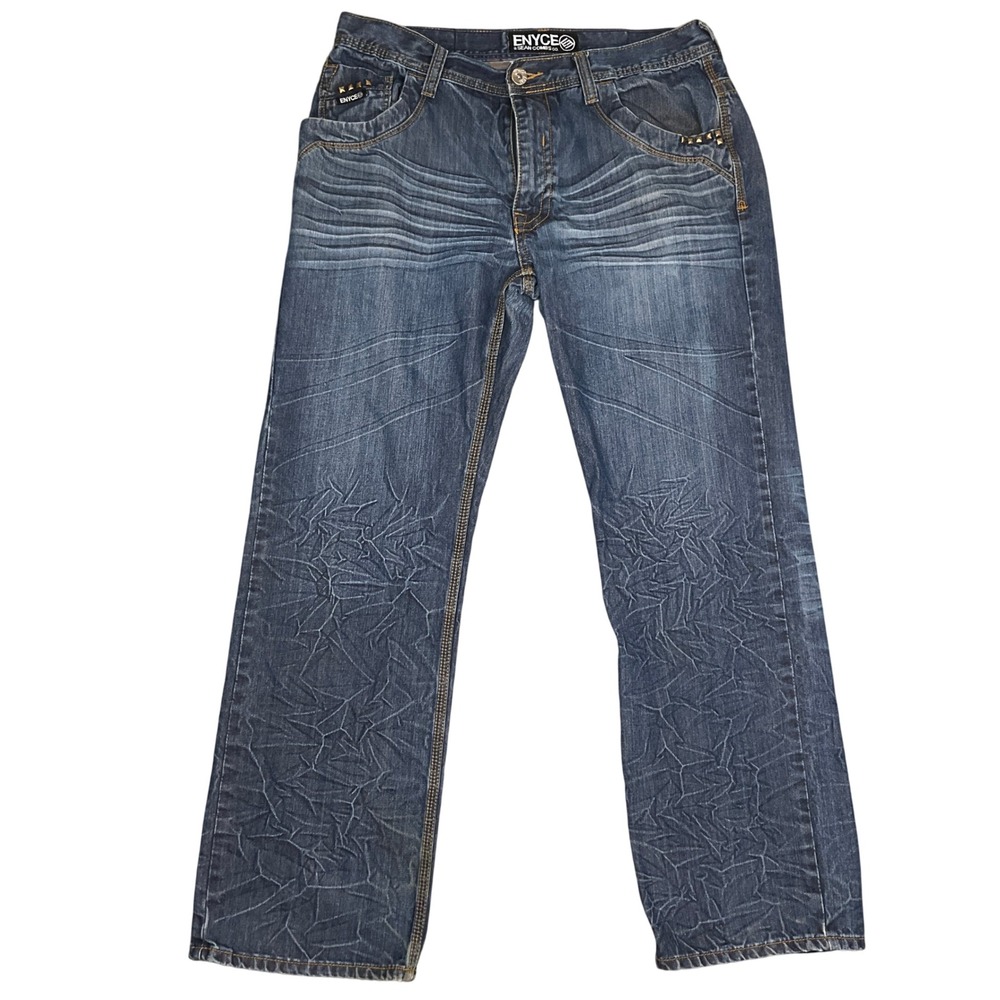 Enyce Sean Combs Jeans Mens 36W 32L Blue Studded Distressed Straight Urban Denim